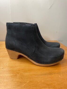 Dansko Black Nubuck Ankle Booties with Wood-Effect Heel. Size 38